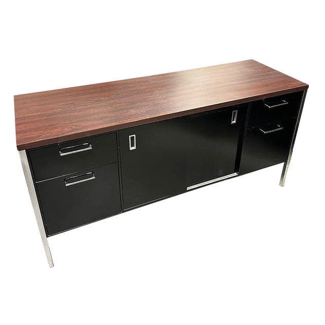 1970s Modern Black & Chrome Metal Tanker Credenza by Steelcase For Sale