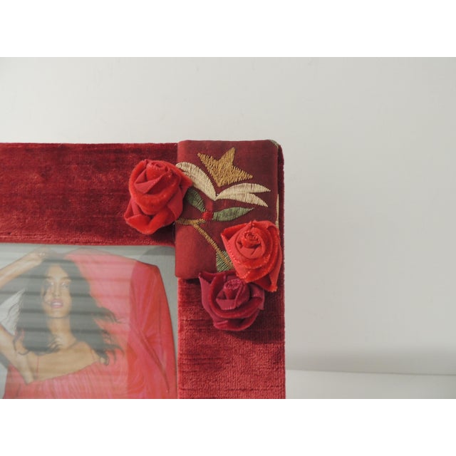 Vintage Red Velvet and Suzani Embroidery Decorative Picture Frame. Velvet flowers. Clear glass inset. Silk backing, comes...