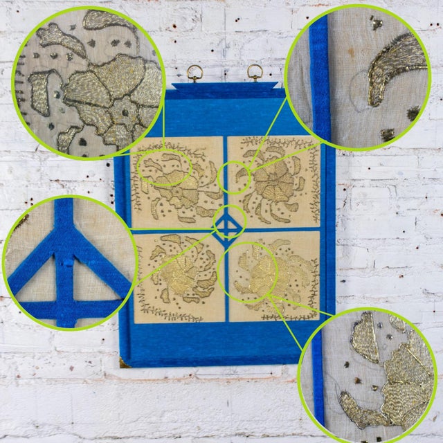 19th to 20th Century Textile Wall Art Metallic Gold Embroidered Panel on Linen Blue Silk Frame Manner of Turkish Ottoman For Sale - Image 17 of 18