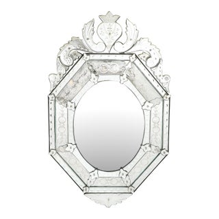 Mid-Century Octagonal Tiered-Reversed Etched & Chain Beveled Venetian Mirror For Sale