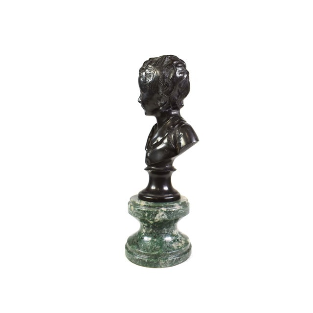 Vintage Neoclassical Bronze Boy and Girl Bust on Marble Base Figurines- A Pair For Sale - Image 6 of 15
