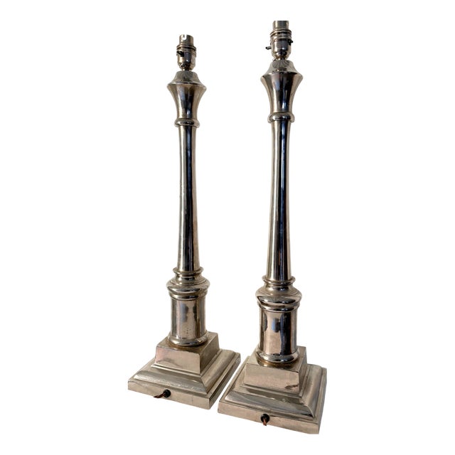 Neoclassical Chromed Column Lamps, 1980s, Set of 2 For Sale