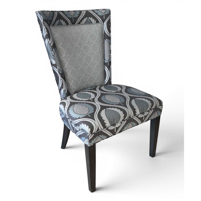 Set of 8 Colette Dining Chairs by Jessica Charles. Upholstered in coordinating damask fabrics in shades of gray and blue...