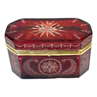 19th C. Bohemian Ruby Cut-to-Clear Crystal Casket Starburst Lid , C. 1850-1875 For Sale