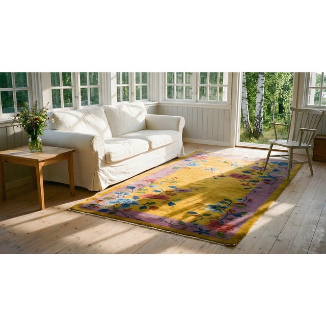 1920s Yellow Purple Floral Antique Chinese Art Deco Carpet 3'1" X 5'10" Knotted Wool Rug For Sale - Image 14 of 14