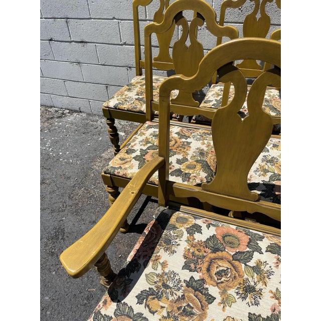 7pc Vintage Jacobean Dining Table Chairs Set Wood Kitchen Armchair For Sale - Image 10 of 10