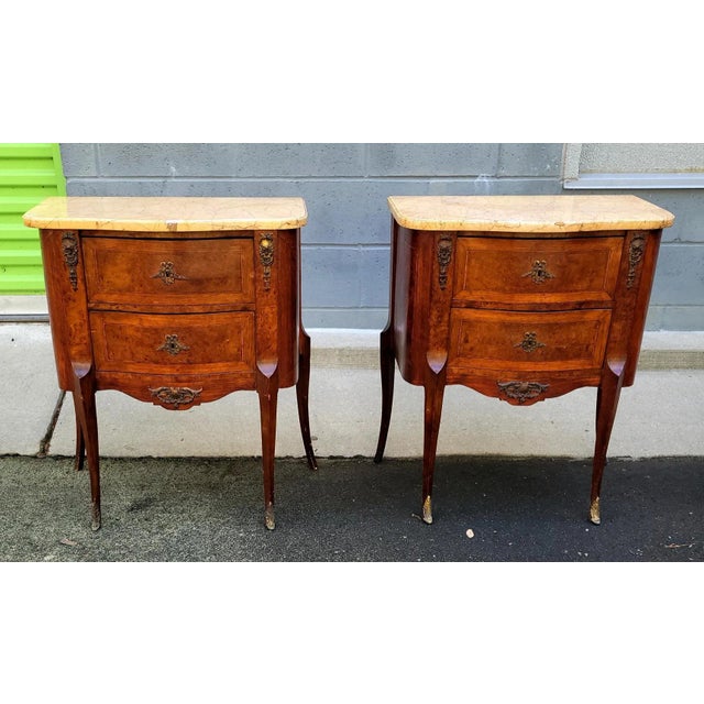 French Louis XI Style Burl Wood Serpentine Side Chest Commode With Marble Top - a Pair For Sale - Image 12 of 12