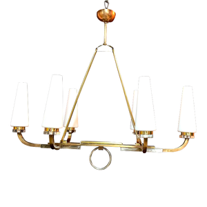 Maison Lunel Certified, Bronze Chandelier Six White Opalines, France Mid-Century
