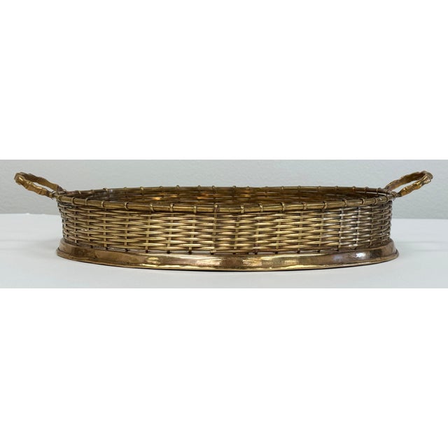 Hollywood Regency Vintage Brass Handled Tray With Basketweave Detail For Sale - Image 3 of 10