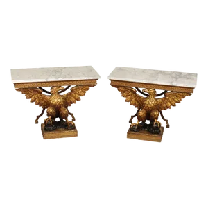 Early 20th Century Regency George II Style Giltwood Carved Eagle Marble Top Consoles - A Pair