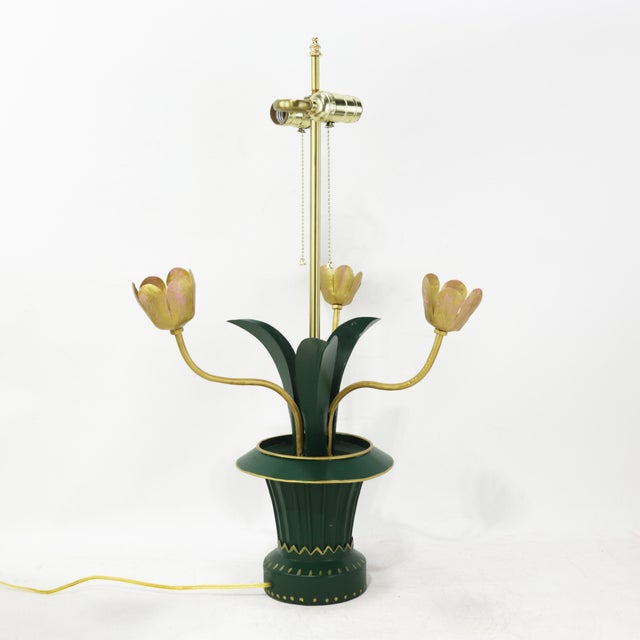 A Pair of Vintage Brunschwig & Fils Green Tole Flower Table Lamps For Sale - Image 13 of 15
