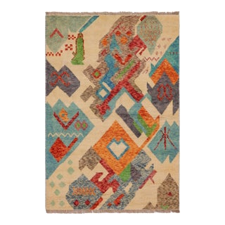 Shabby Chic Balochi Beige/Blue Wool Rug - 3'6''x5'1'' For Sale