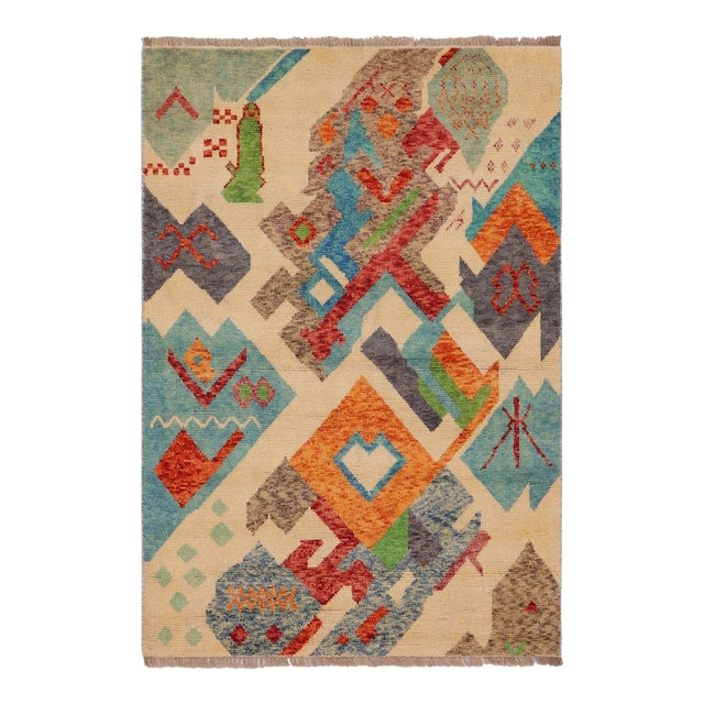 Shabby Chic Balochi Beige/Blue Wool Rug - 3'6''x5'1'' For Sale