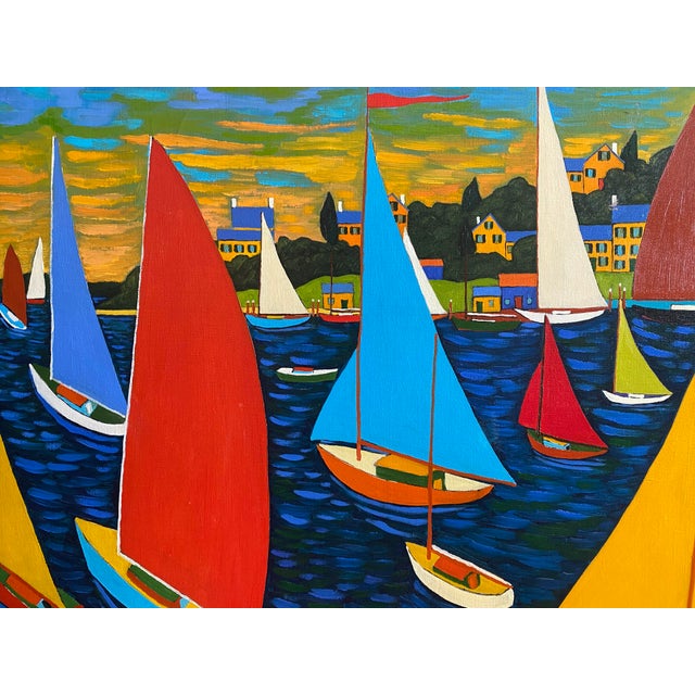 A large Fauvist inspired sunset Harbor scene. Signed and dated 2005. Canvas size is 36 x 66 inches Framed size is 40 x 70...