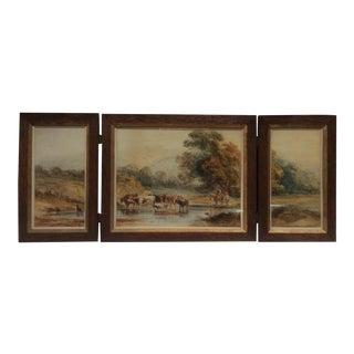 Triptych Antique Landscape Watercolor With Cows For Sale