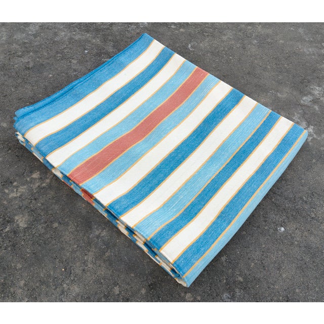 Handwoven Cotton Area Rug, Natural Vegetable Dyed, Blue, Red and Yellow Striped Dhurrie - 8'x10' For Sale - Image 9 of 12