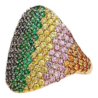Syna Yellow Gold Rainbow Ring with Emeralds and Multicolor Sapphires For Sale
