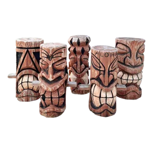 Set of Five Vintage Carved Tiki Bar Stools With Footrests