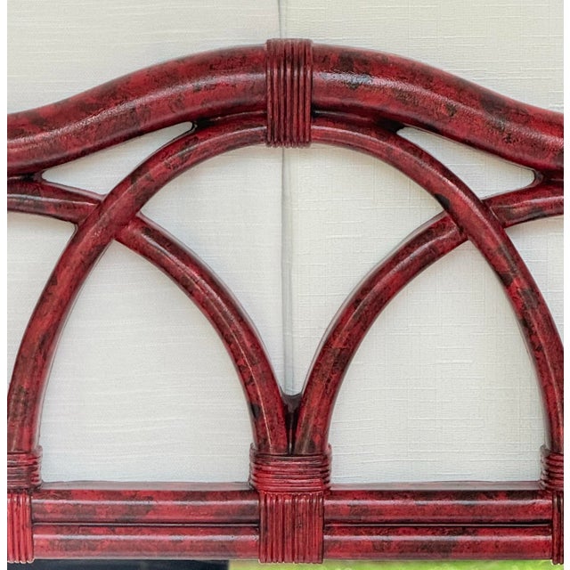 Wood Vintage Palm Beach Regency Vermillion Red Faux Tortoiseshell Bamboo Rattan Arched Wall Mirror - Newly Painted For Sale - Image 7 of 11