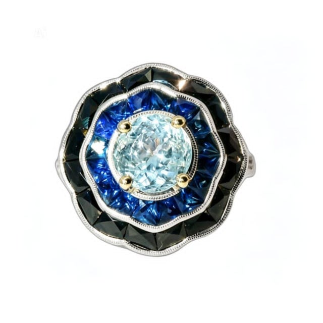 Art Deco 1920s Size 6.75 14K White Gold Art Deco Filigree Sapphire Onyx Diamond Aquamarine Ring Estate For Sale - Image 3 of 3