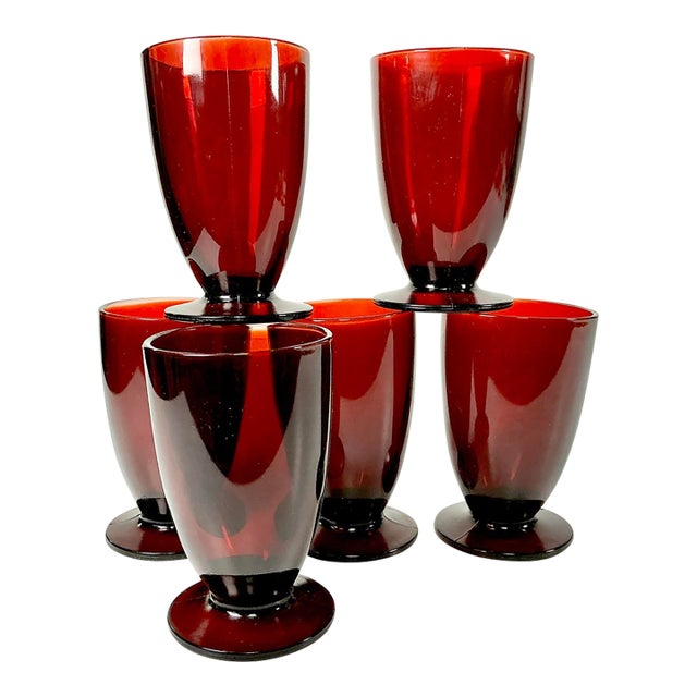 1920s Antique Art Deco Boho Chic Hollywood Regency Ruby Red Footed Tumbler Glasses - Set of 6 For Sale
