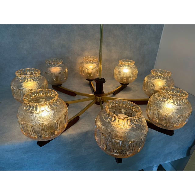 Vintage 8-Arm Chandelier with Textured Glass Shades and Wooden Elements, 1970s For Sale - Image 11 of 12