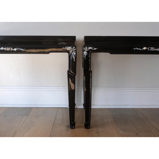 Wood Vintage 1960s Vietnamese Black Lacquer & Mother of Pearl Side Tables - A Pair For Sale - Image 7 of 17