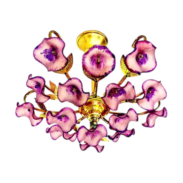 Purple Vintage Hand-Painted Purple Glass Floral Flush Mount Chandelier For Sale - Image 8 of 17