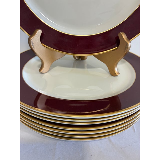 Vintage Pickard Fine China Dinner Plates, Set of 8, Burgundy & Gold Band For Sale - Image 9 of 11
