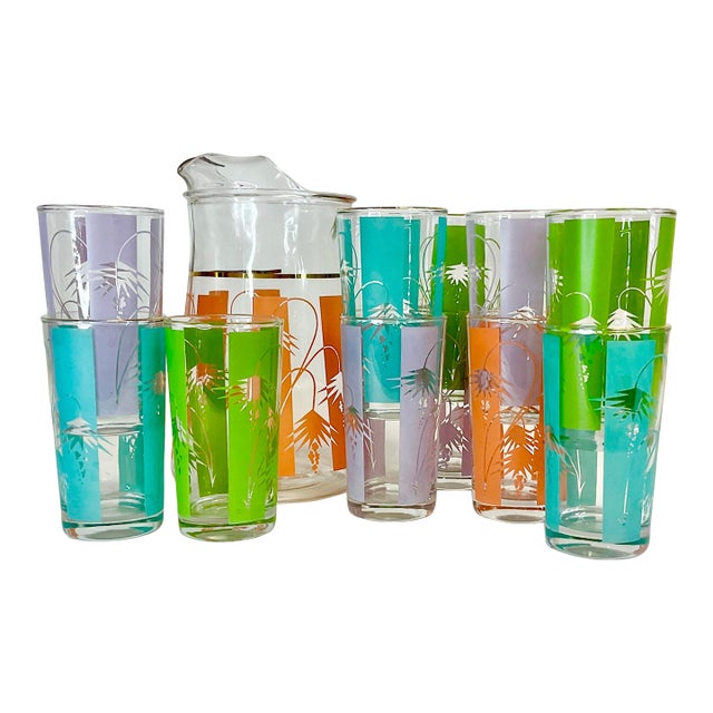 Mid-Century Coastal Mediterranean Style Pitcher & Glassware - Set of 12 For Sale