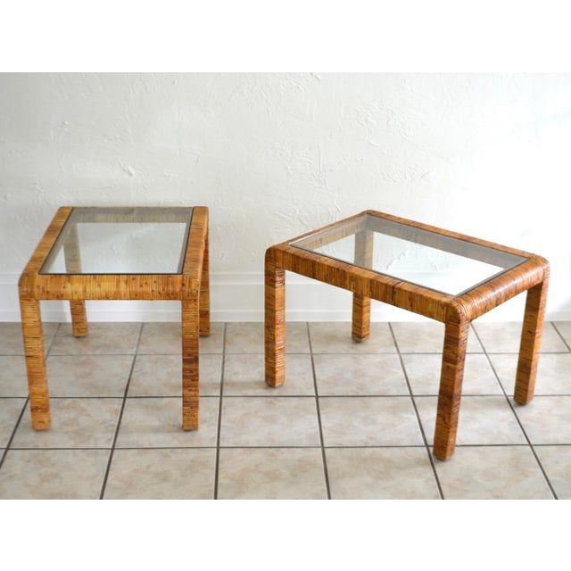 Wood 1960s Pair of Mid-Century Wrapped Rattan Side Tables For Sale - Image 7 of 11
