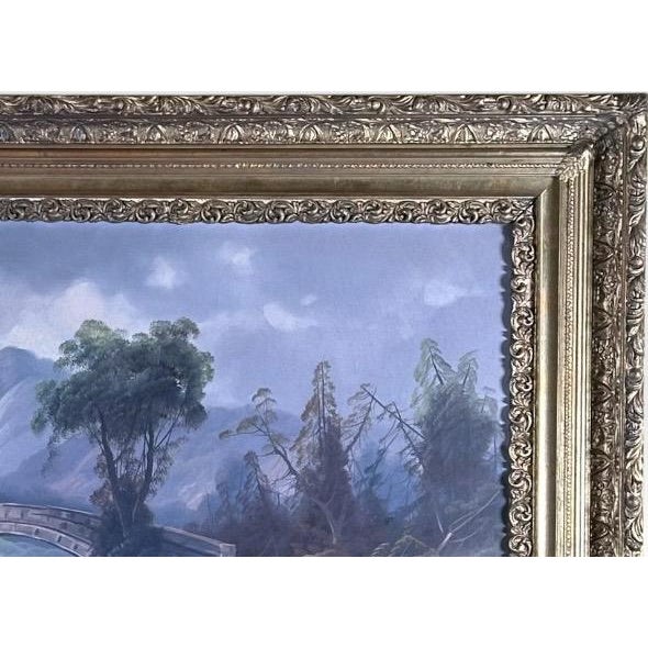 Cerulean Antique 19th Century River Crossing Landscape Oil Painting in Victorian Gilt Frame For Sale - Image 8 of 13
