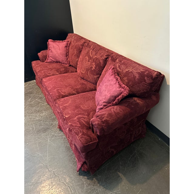 Traditional 1990s Drexel Heritage Burgundy Damask Sofa For Sale - Image 3 of 4