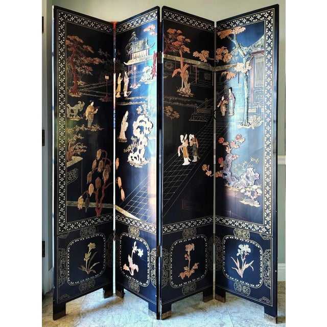 Chinese Mid 20th Century Chinese Export Four Panel Carved Soapstone Coromandel Screen For Sale - Image 3 of 9