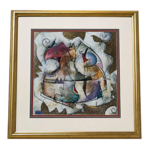 Colorful Abstract Mixed Media Artwork in Gold Frame