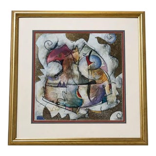 Early 21st Century Colorful Abstract Mixed Media Painting, Gold Frame For Sale