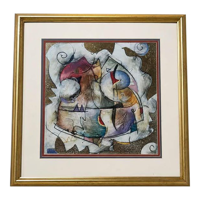 Early 21st Century Colorful Abstract Mixed Media Painting, Gold Frame For Sale