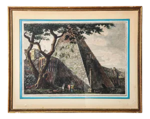 Early 19th Century "Veduta Della Pirimide Di C. Cestio" Hand-Tinted Engraving by Luigi Rossini