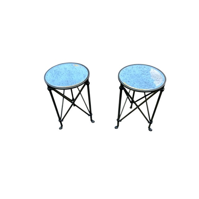 This Pair of Ballard Design Olivia Antiqued Mirrored Side Tables With Clawed Feet features an oil rubbed bronze. A stylish...