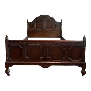 1940s Carved Walnut Full Sized Bed With Cross Accents For Sale