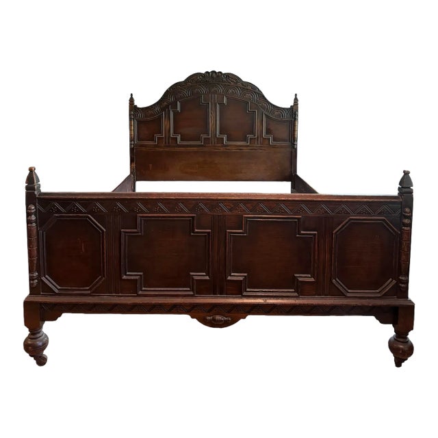 1940s Carved Walnut Full Sized Bed With Cross Accents For Sale