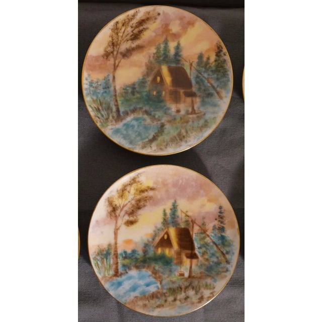 Circa 1900 American Impressionist Style Forest Cabin Landscape Motif Hand-Painted Porcelain Gilded Rim Appetizer Plates - Set of 6 For Sale - Image 4 of 9