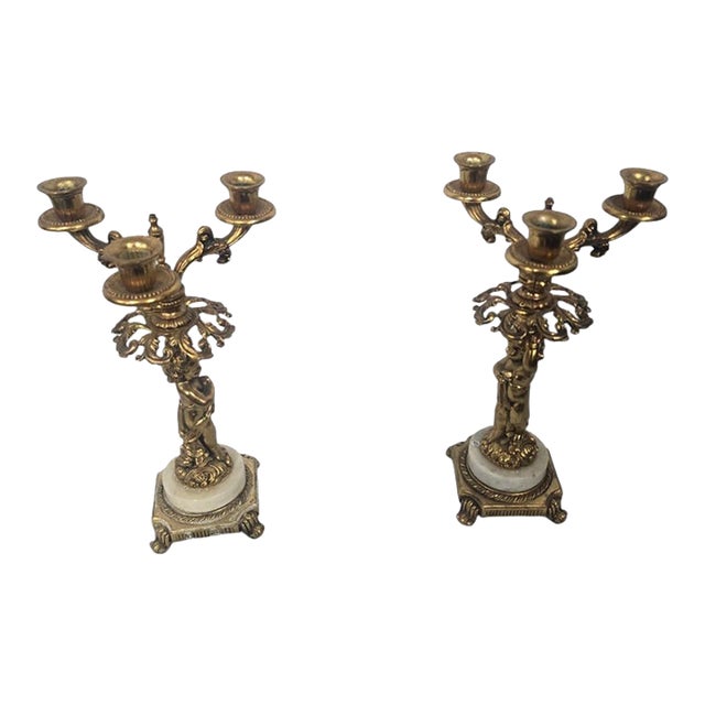 Pair of Vintage French Rococo-Style Figural Three-Light Candelabras With Marble Bases For Sale