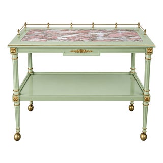 1940s Louis XVI Style Cypress Wood Serving Cart With Marble Inlay and Gilt Details For Sale