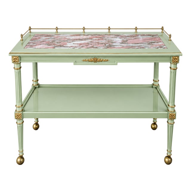 1940s Louis XVI Style Cypress Wood Serving Cart With Marble Inlay and Gilt Details For Sale