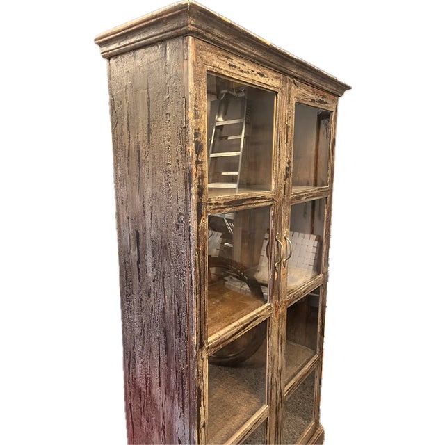 one of a kind vintage display cabinet, authentic finish in crackled faded green/grey with original hardware.