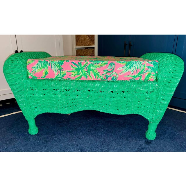 Mid 20th Century Vintage Henry Link Style Palm Beach Green Wicker Bench With Lilly Pulitzer Cushion For Sale - Image 5 of 7