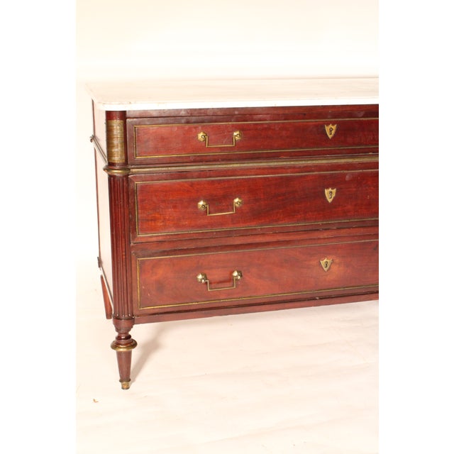 Louis XVI Brass Mounted Mahogany Chest of Drawers With Carrara Marble Top For Sale In Los Angeles - Image 6 of 14
