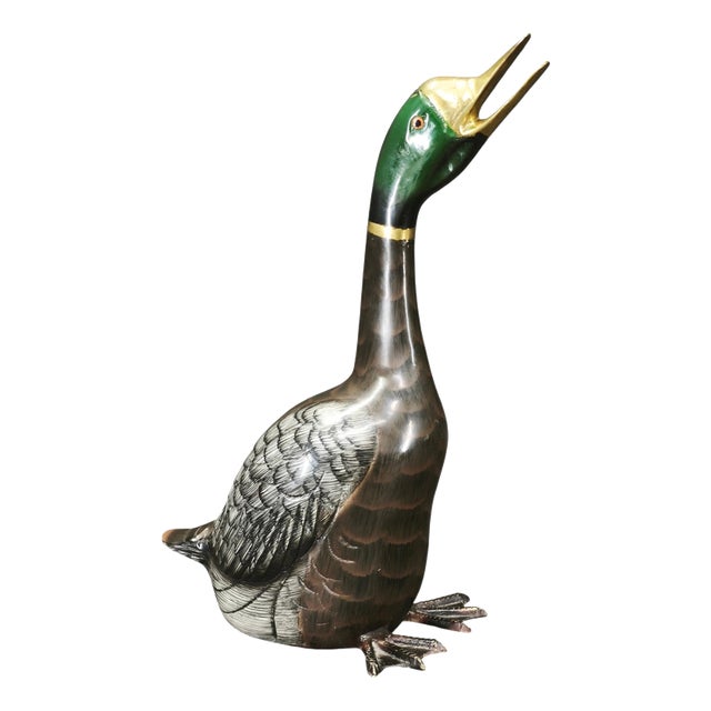Vintage French Hand Painted Cast Brass Duck Sculpture, 1960s For Sale