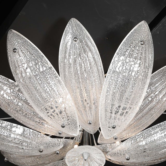 Metal Modernist Hand-Blown Murano Glass Reeded Leaf Form Chandelier W/ 24k White Gold For Sale - Image 7 of 18